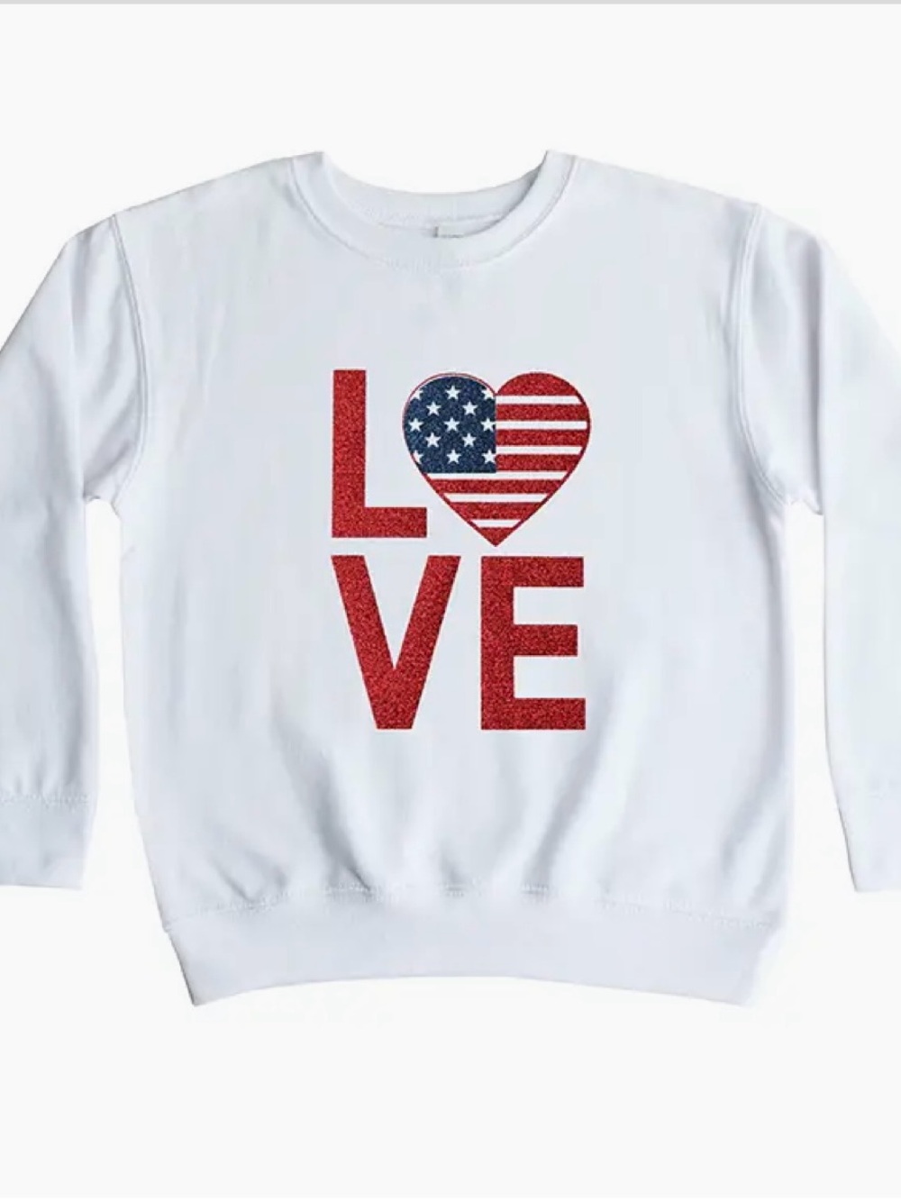Kids White Sweatshirt with Red LOVE and USA Heart Graphic